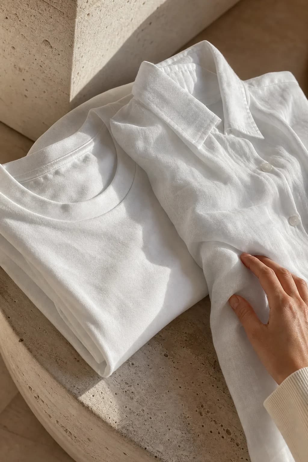 White linen and cotton garments resting on a stone bench