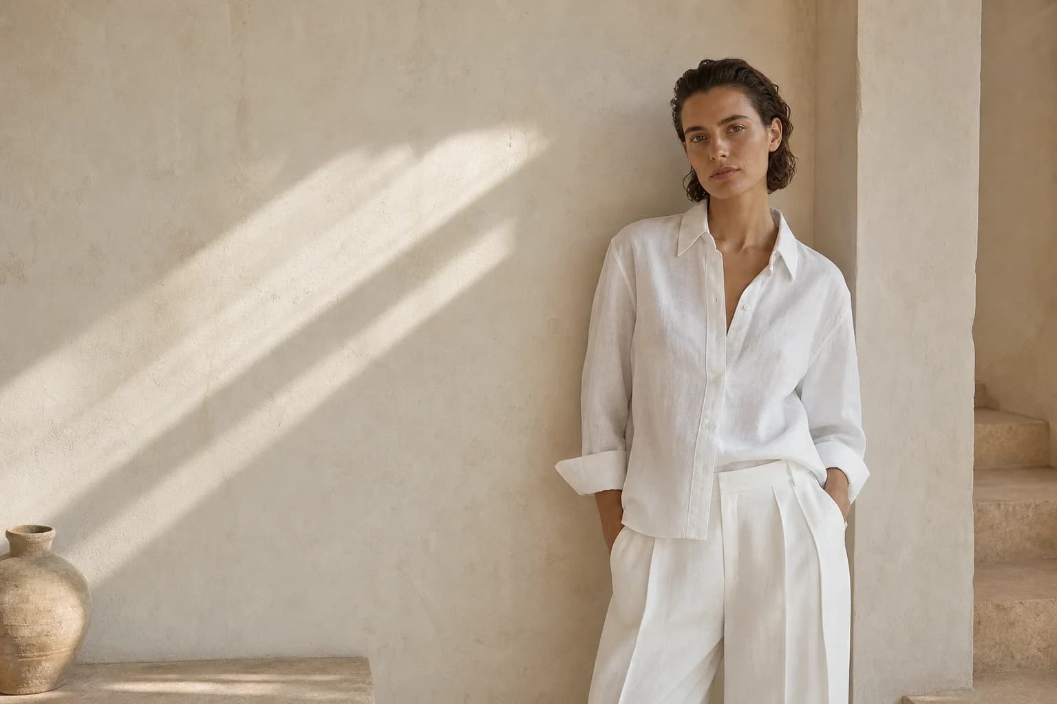 Model in a white linen shirt and wide-leg trousers in a sunlit room